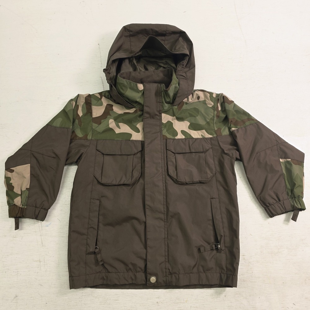 Bass Pro Shop Boys Kids 4/5 Brown & Camouflage Tough Dude Rain Jacket Hooded EUC